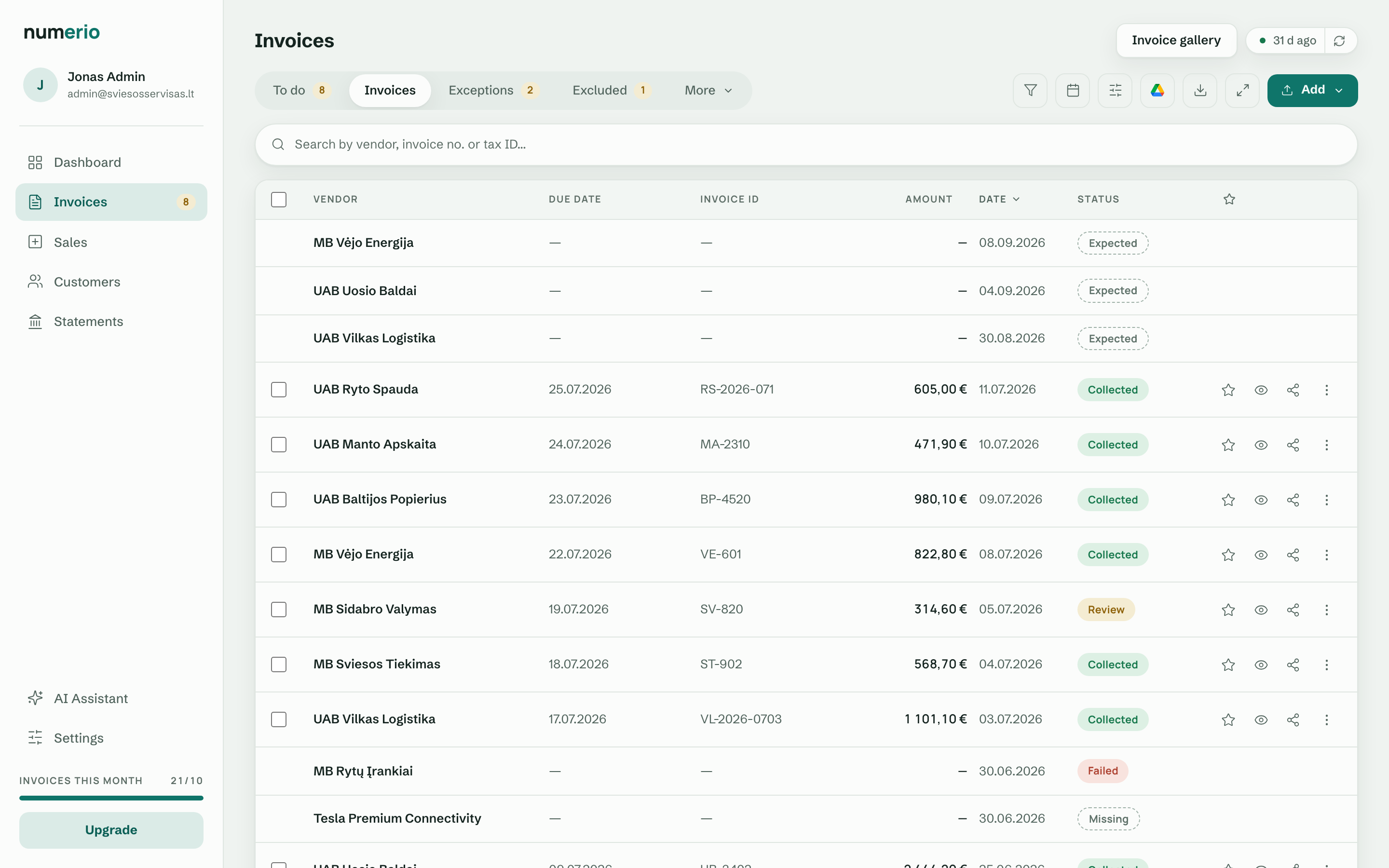 numerio expected-invoice list with its states — expected, collected, missing