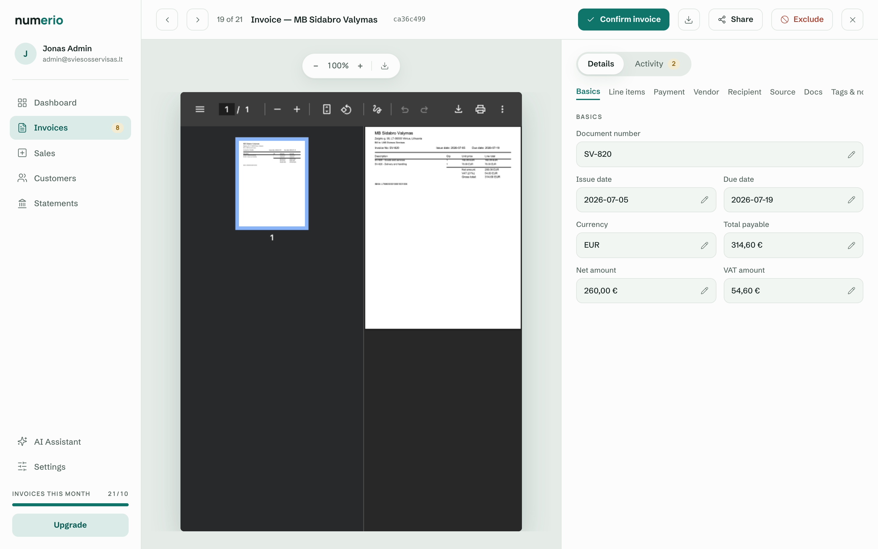 numerio review queue with extracted invoice fields waiting to be confirmed